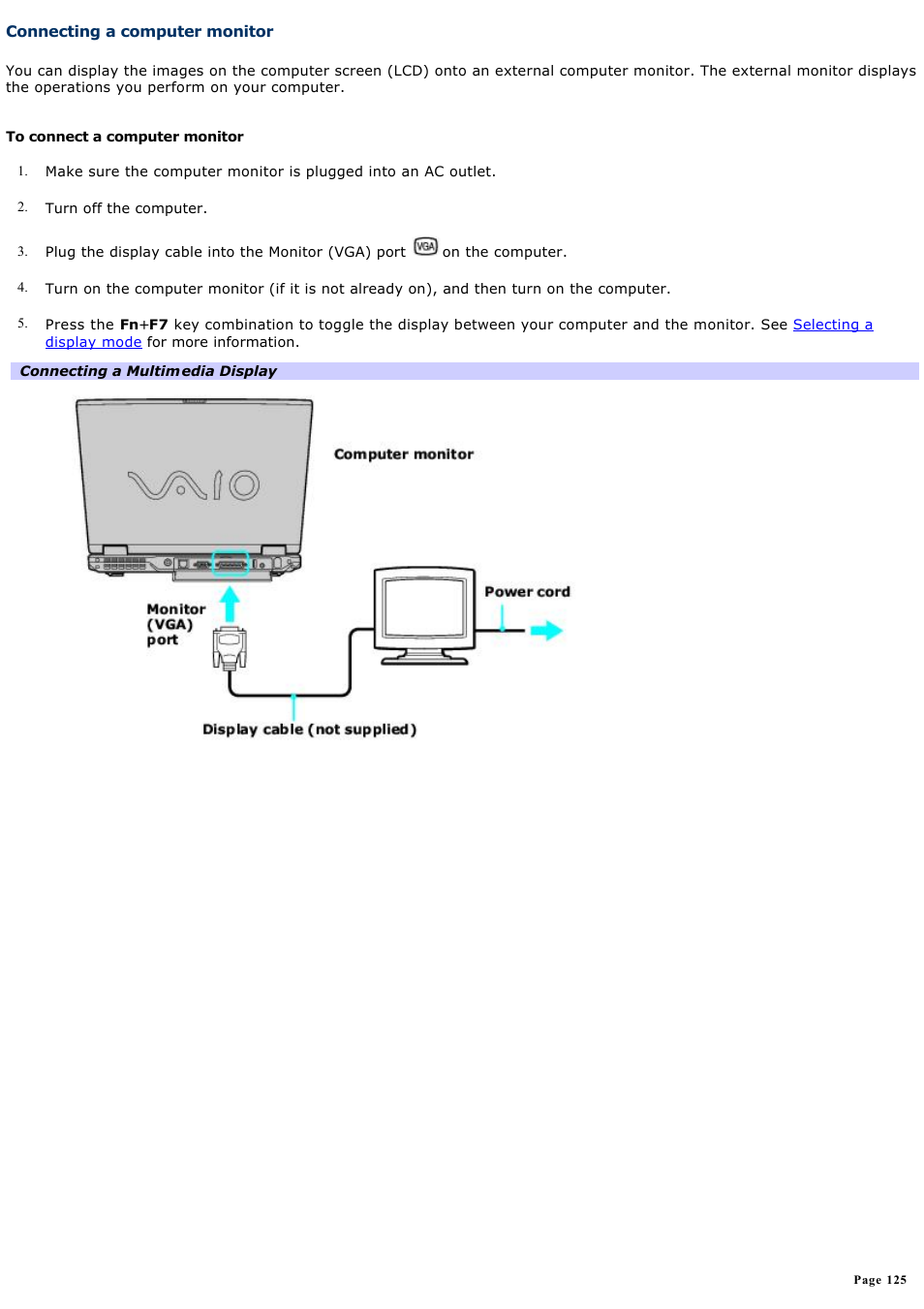 Connecting a computer monitor | Sony PCG-GRX690 User Manual | Page 125 / 194