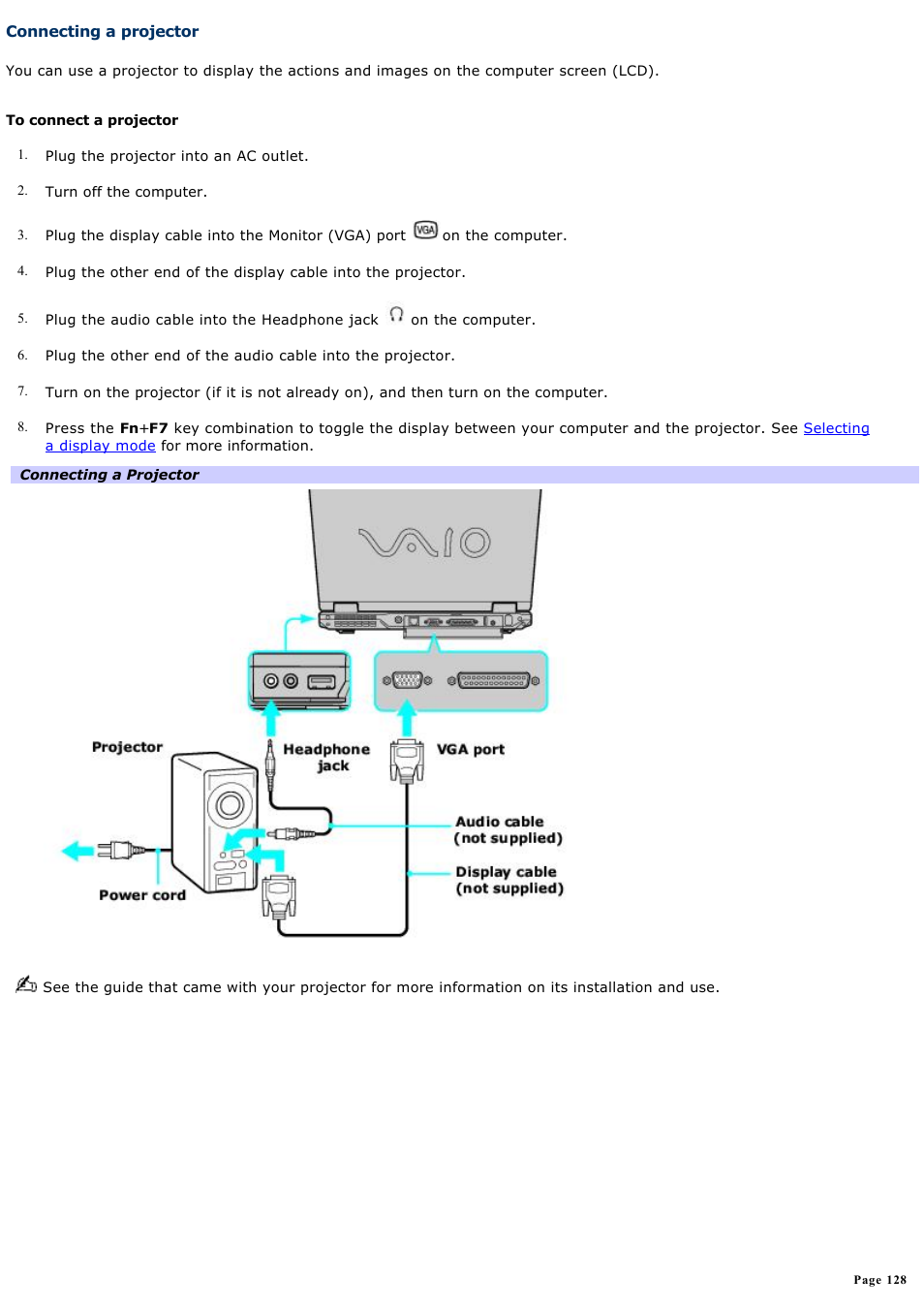 Connecting a projector | Sony PCG-GRX690 User Manual | Page 128 / 194