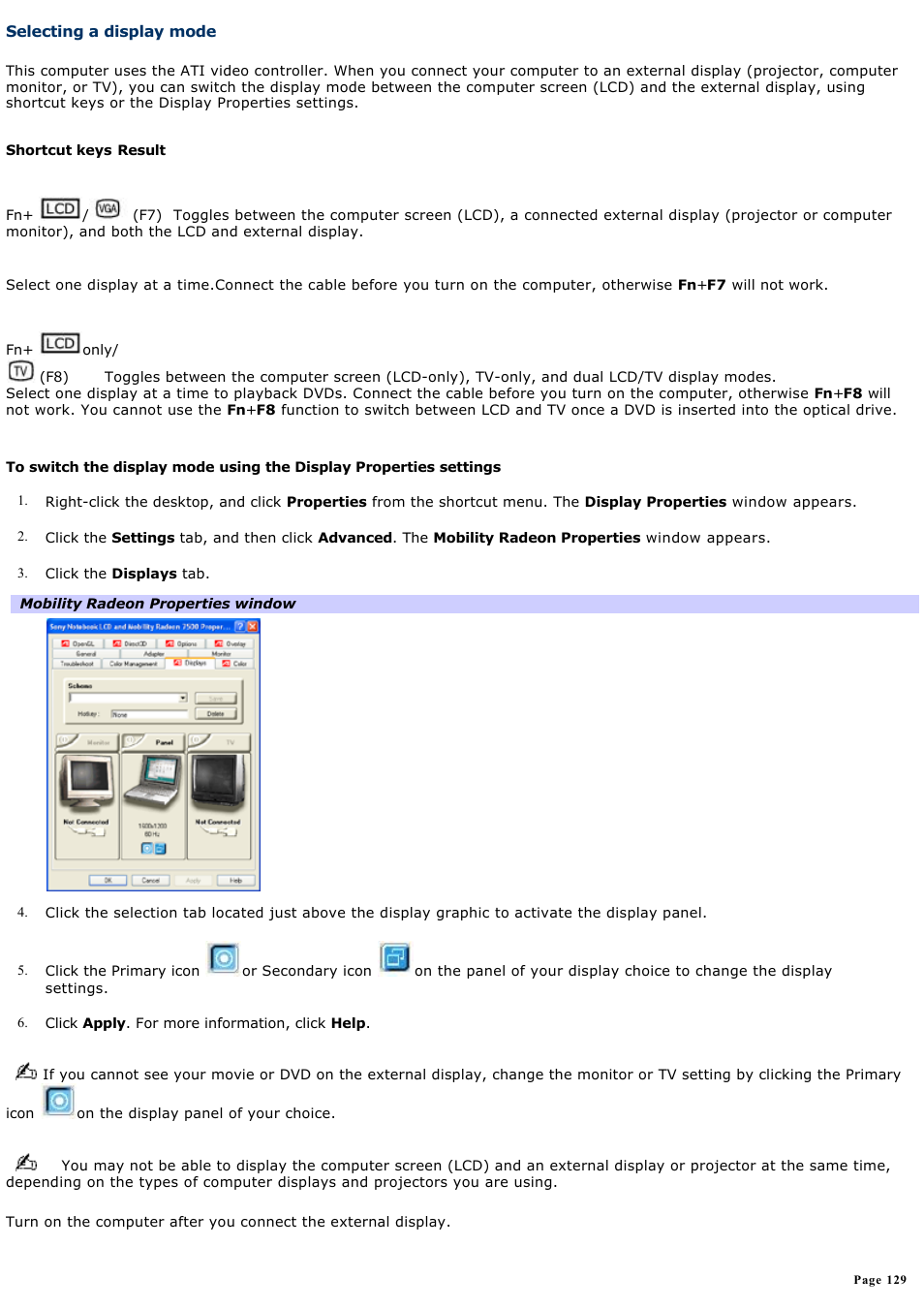 Selecting a display mode, For more information, For more | Sony PCG-GRX690 User Manual | Page 129 / 194