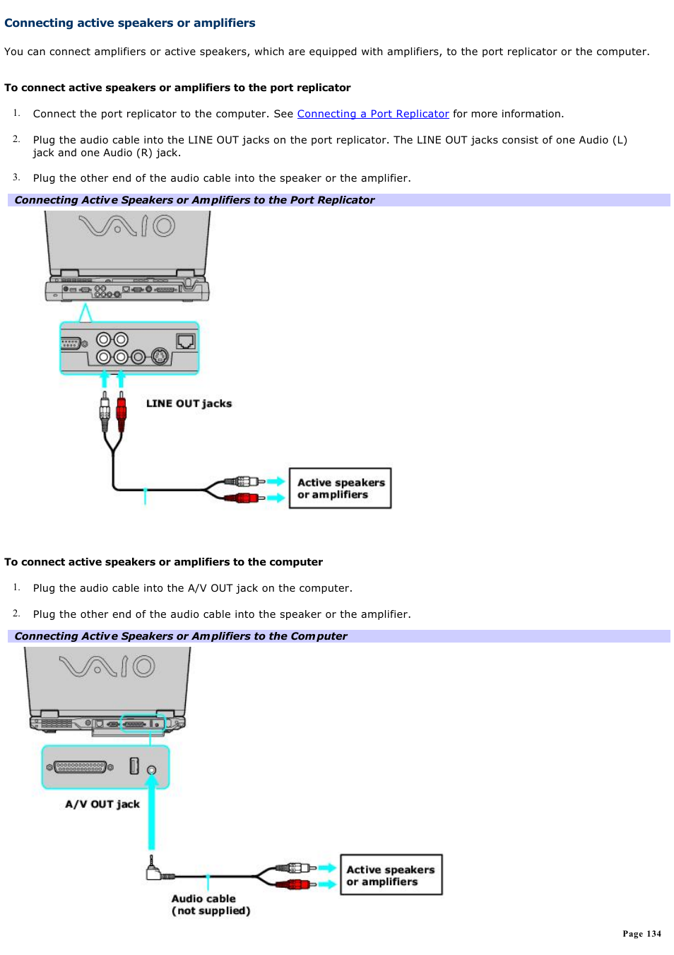 Connecting active speakers or amplifiers | Sony PCG-GRX690 User Manual | Page 134 / 194