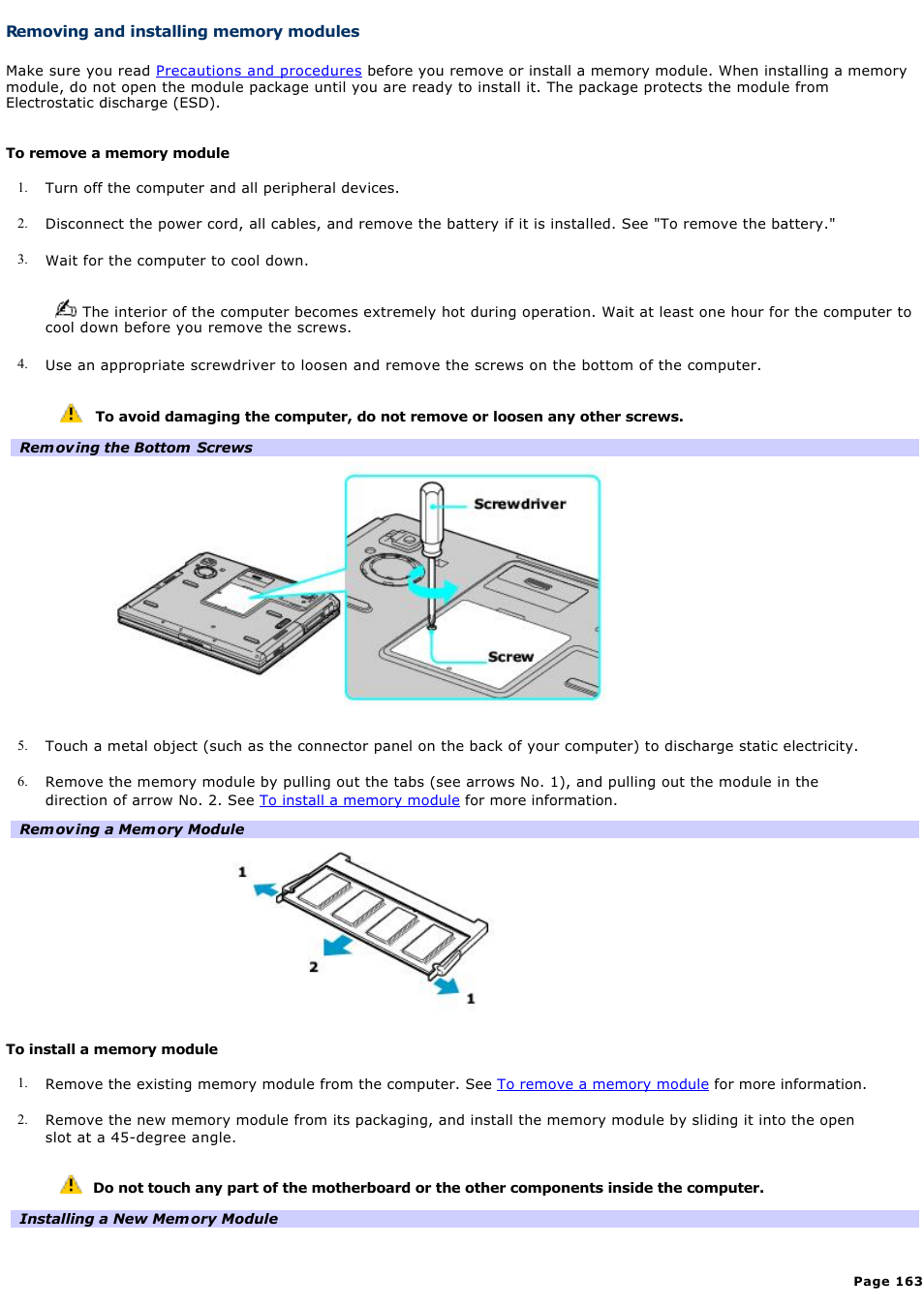 Removing and installing memory modules | Sony PCG-GRX690 User Manual | Page 163 / 194