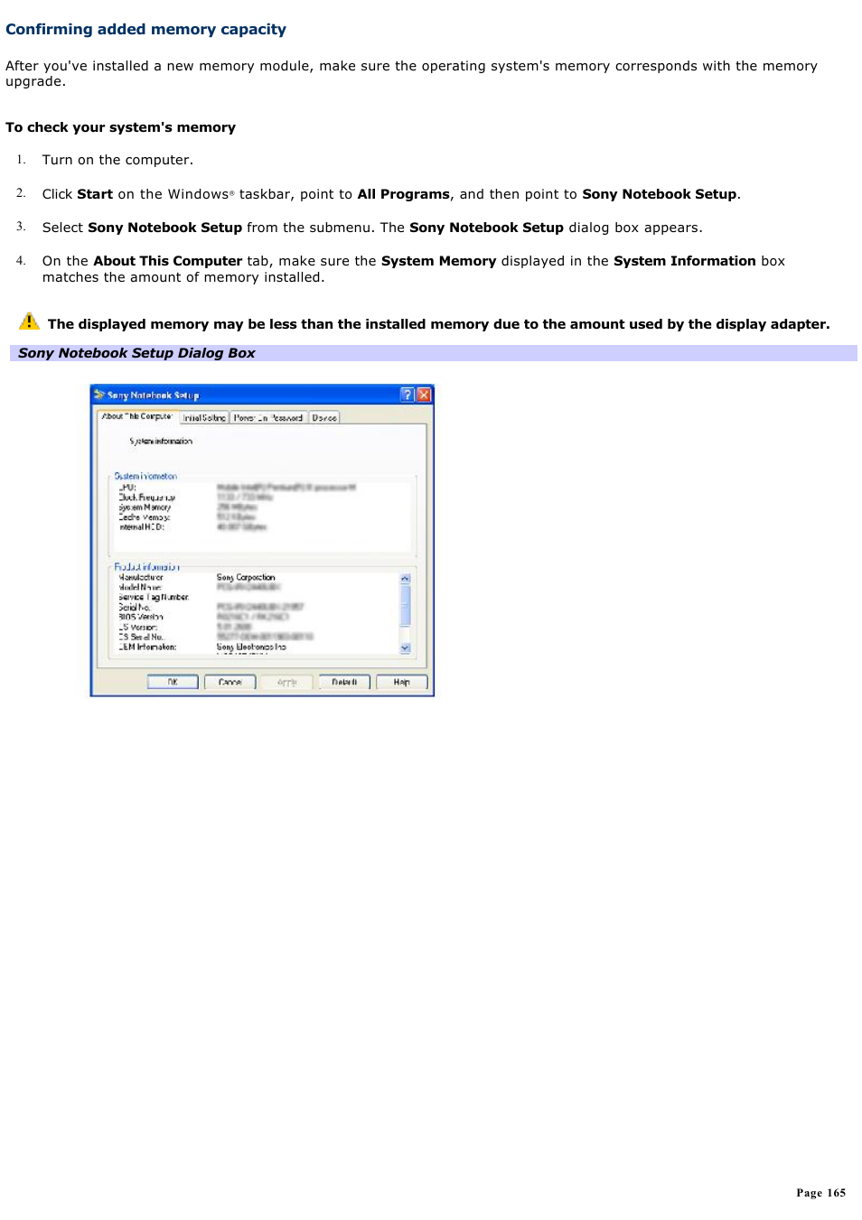 Confirming added memory capacity | Sony PCG-GRX690 User Manual | Page 165 / 194