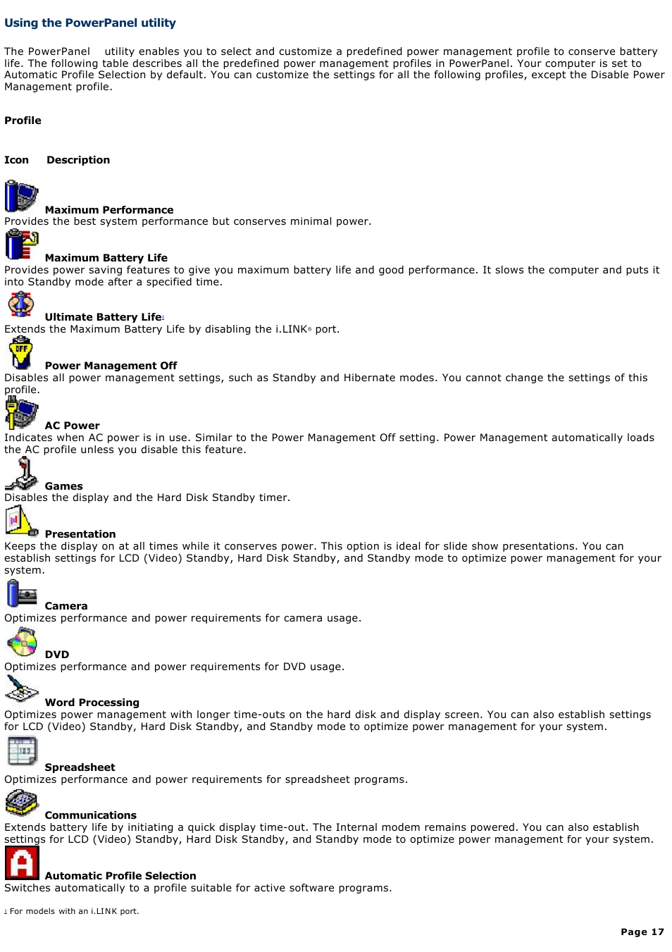 Using the powerpanel utility | Sony PCG-GRX690 User Manual | Page 17 / 194