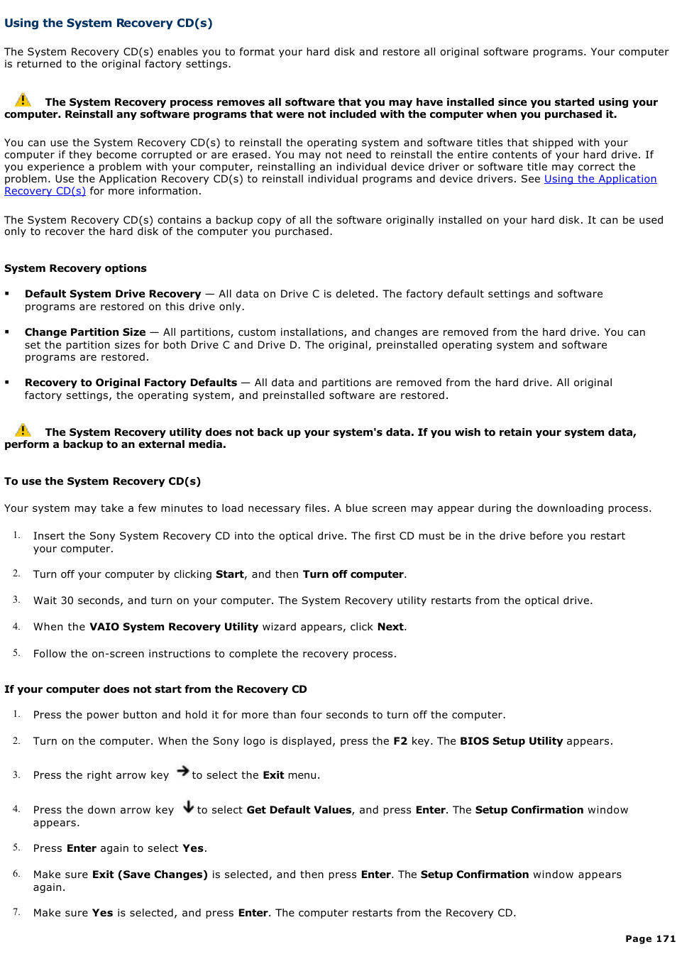 Using the system recovery cd(s) | Sony PCG-GRX690 User Manual | Page 171 / 194