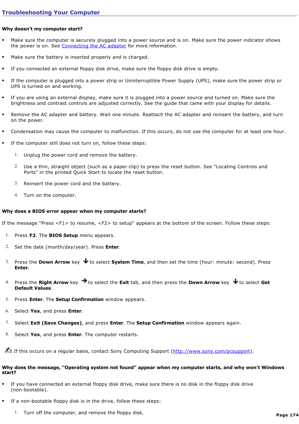 Troubleshooting your computer | Sony PCG-GRX690 User Manual | Page 174 / 194