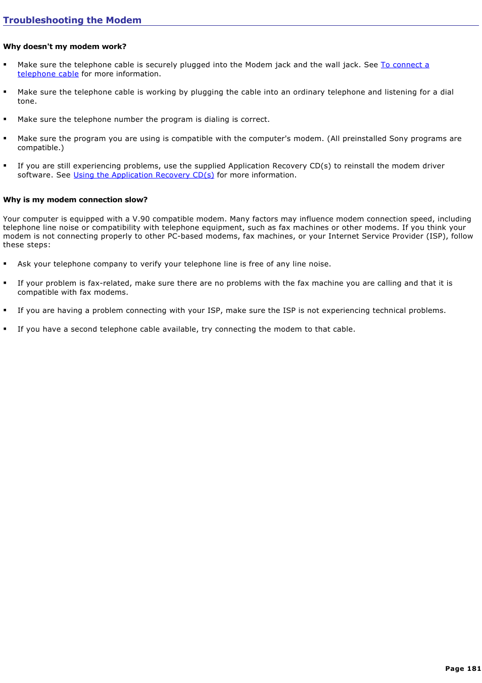 Troubleshooting the modem | Sony PCG-GRX690 User Manual | Page 181 / 194