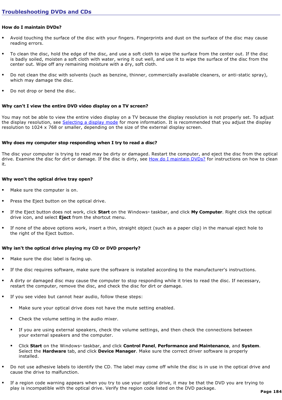 Troubleshooting dvds and cds | Sony PCG-GRX690 User Manual | Page 184 / 194