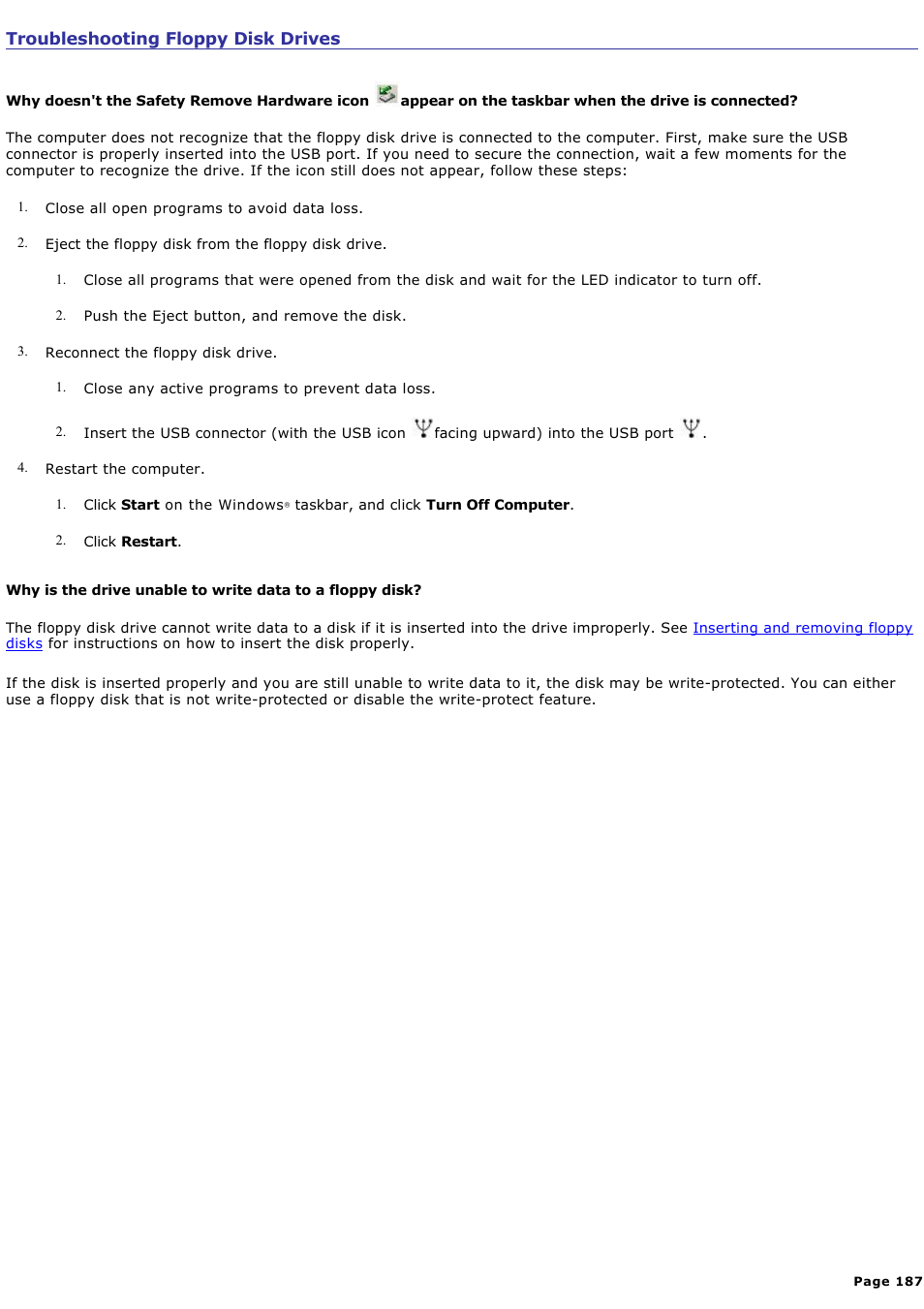 Troubleshooting floppy disk drives | Sony PCG-GRX690 User Manual | Page 187 / 194