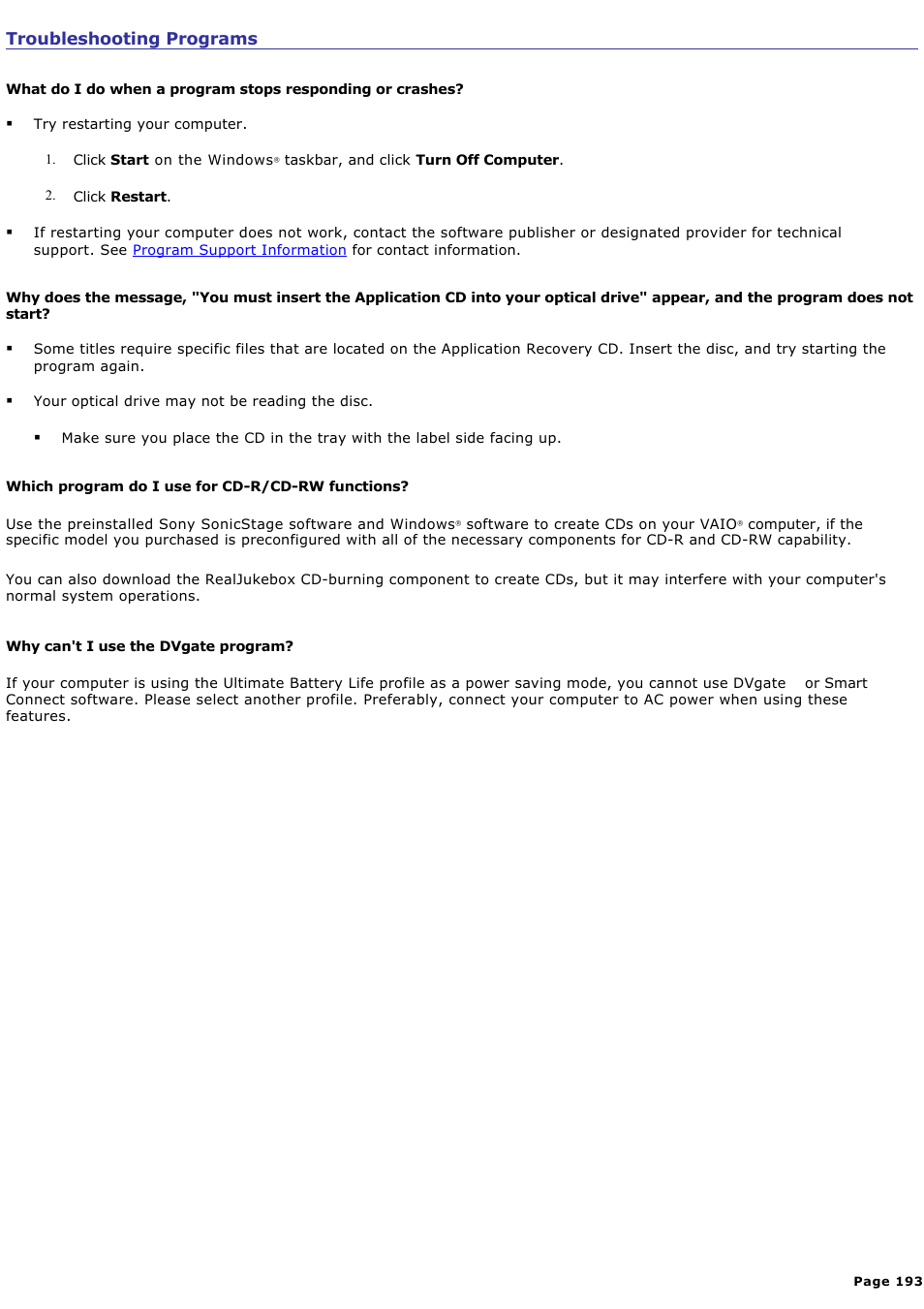 Troubleshooting programs | Sony PCG-GRX690 User Manual | Page 193 / 194