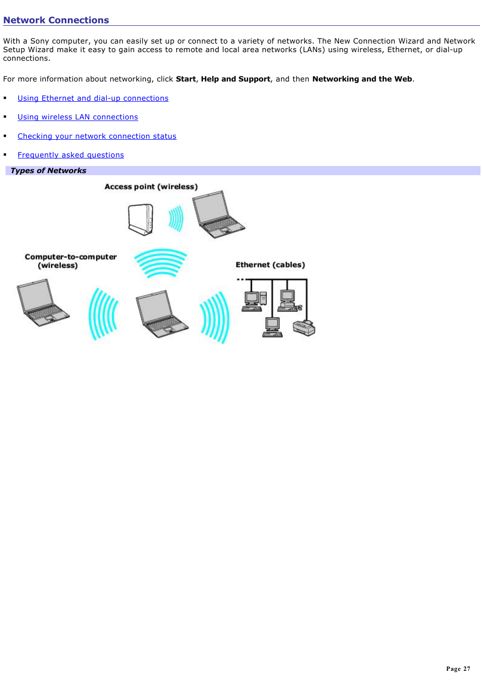 Network connections | Sony PCG-GRX690 User Manual | Page 27 / 194