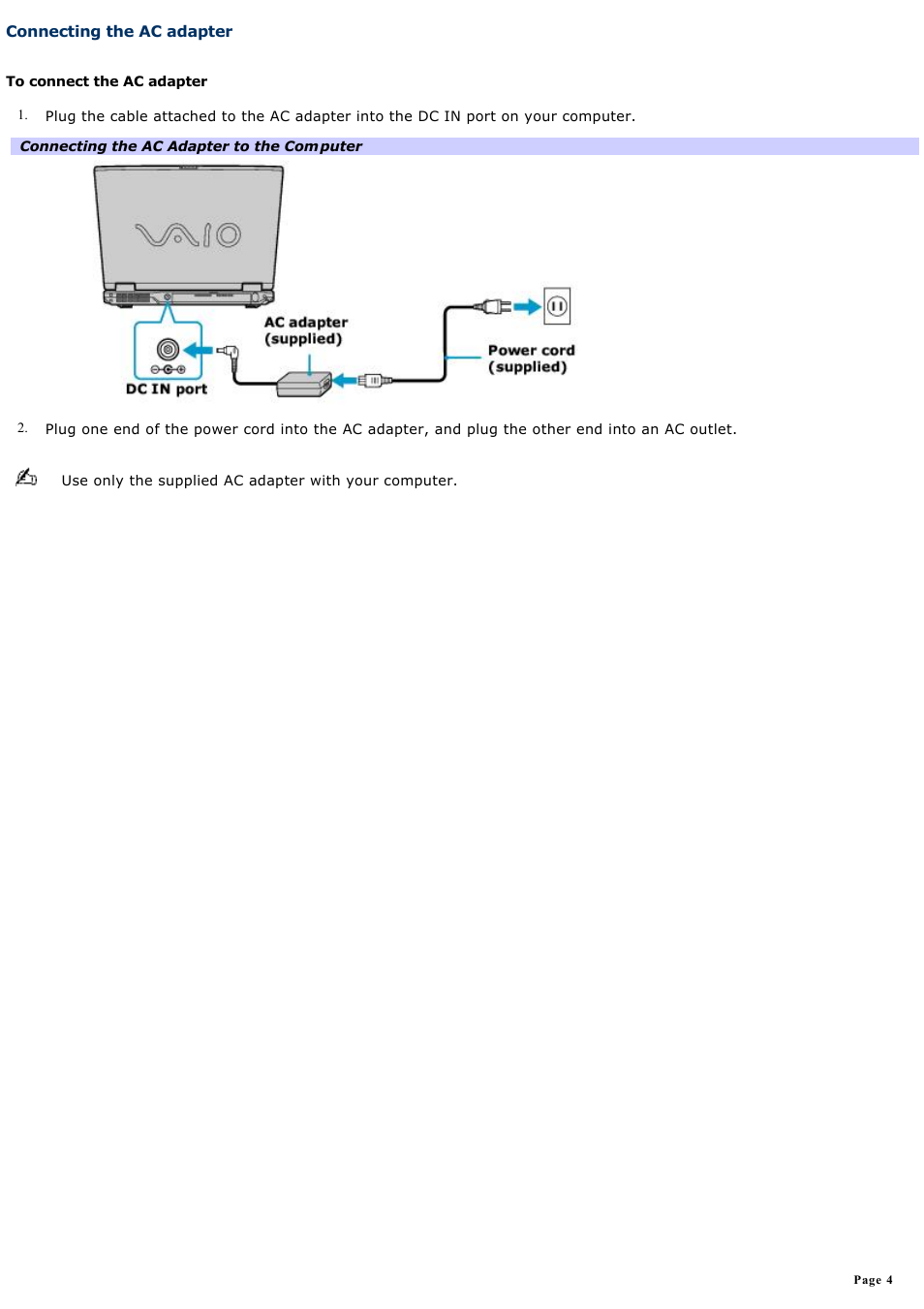 Connecting the ac adapter | Sony PCG-GRX690 User Manual | Page 4 / 194