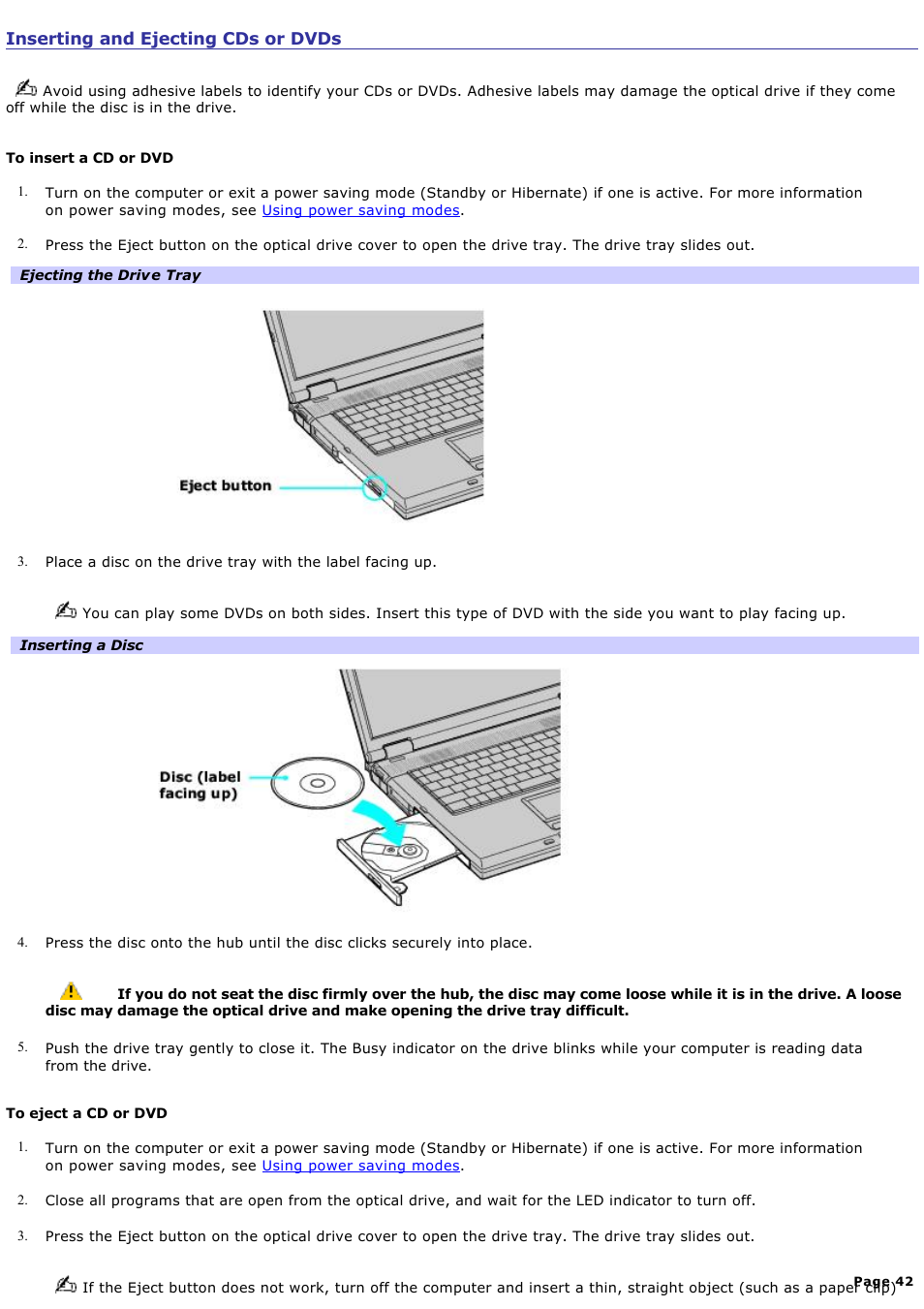 Inserting and ejecting cds or dvds | Sony PCG-GRX690 User Manual | Page 42 / 194