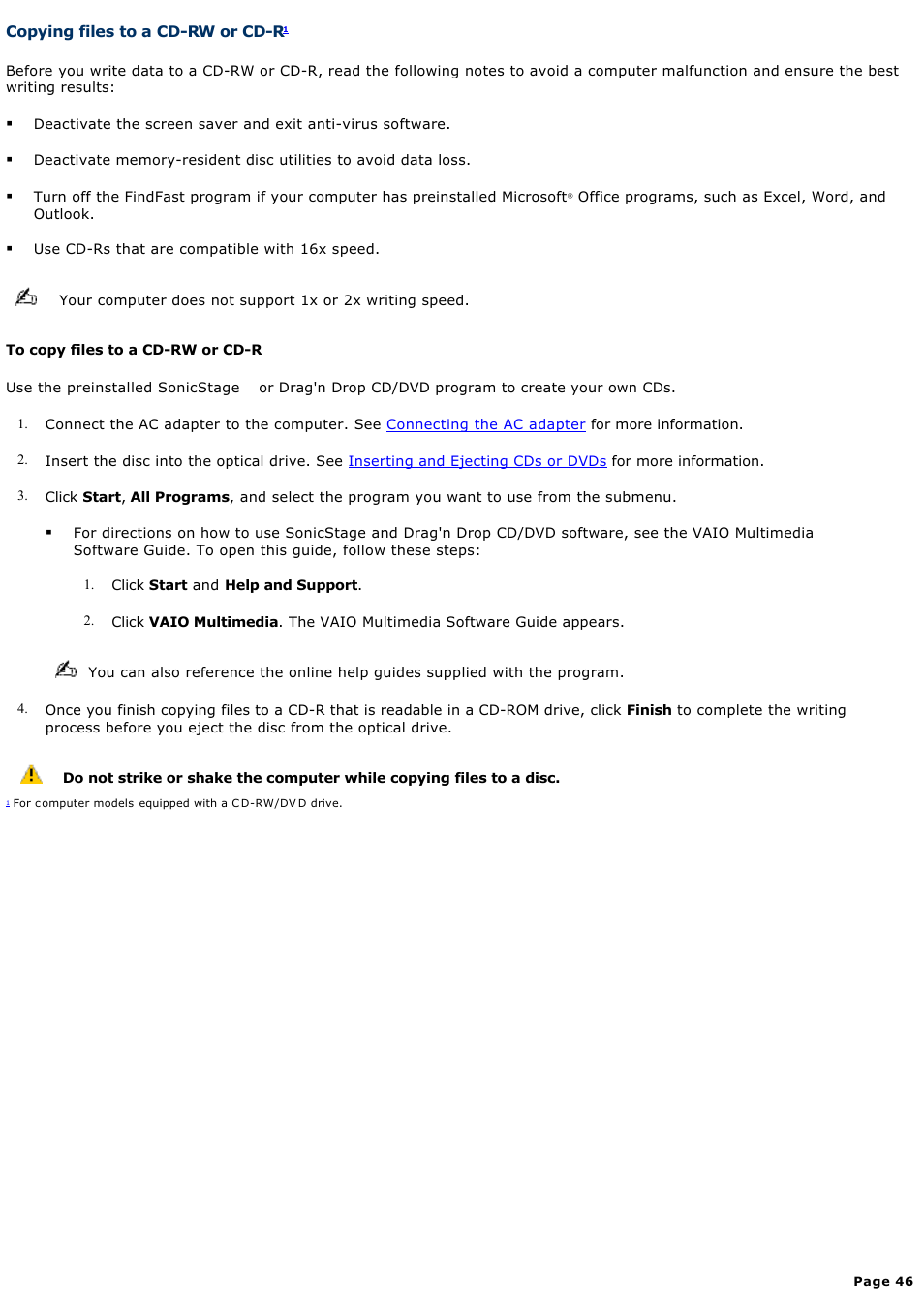 Copying files to a cd-rw or cd-r | Sony PCG-GRX690 User Manual | Page 46 / 194