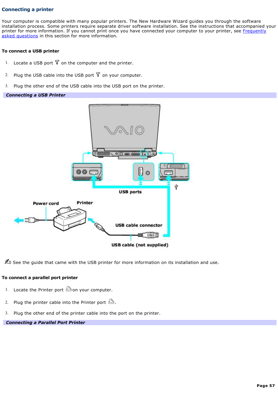 Connecting a printer | Sony PCG-GRX690 User Manual | Page 57 / 194