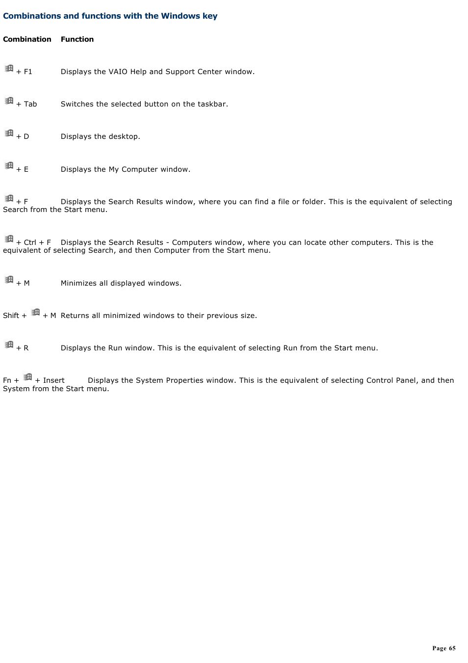 Combinations and functions with the windows key, For more information | Sony PCG-GRX690 User Manual | Page 65 / 194