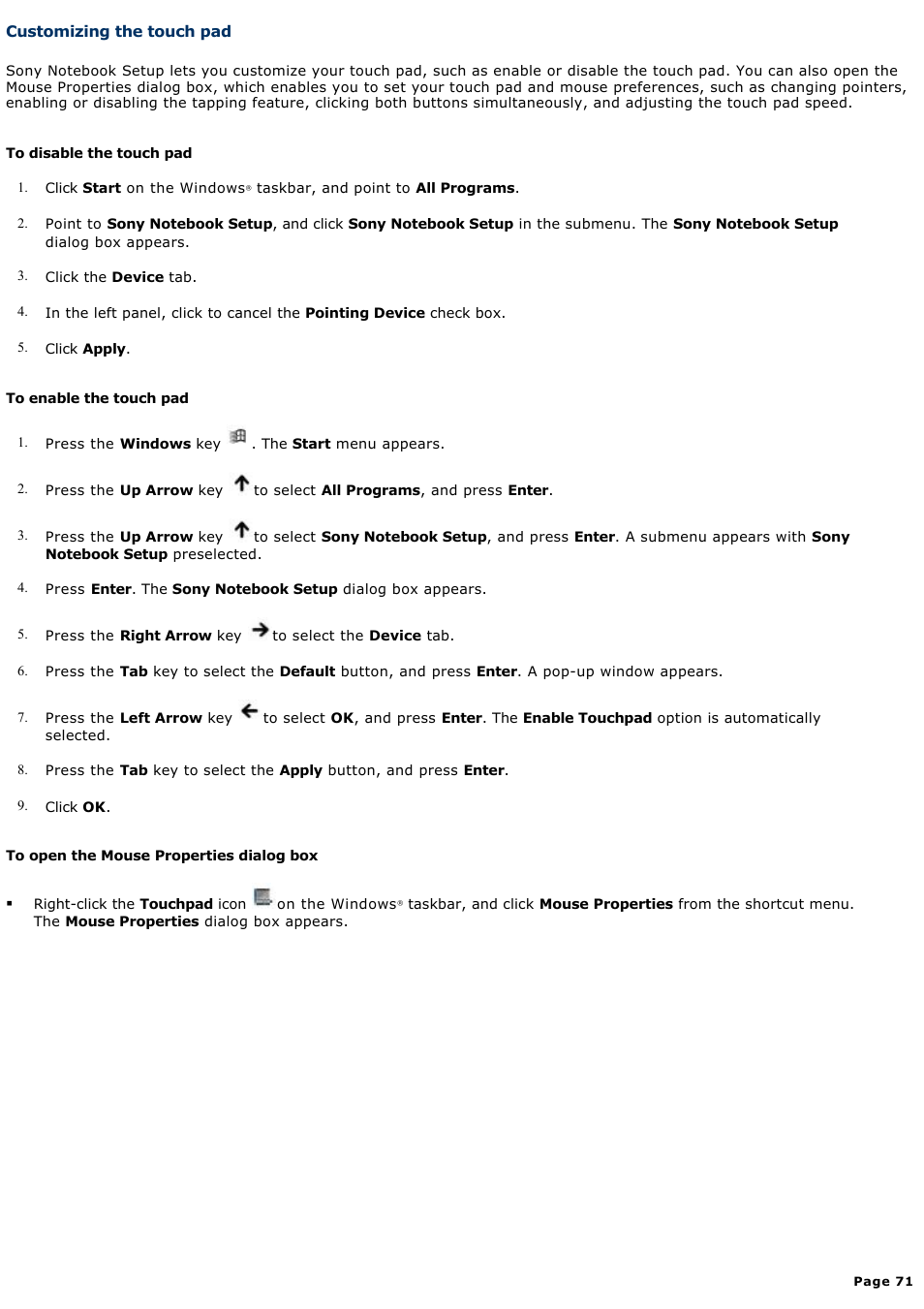 Customizing the touch pad | Sony PCG-GRX690 User Manual | Page 71 / 194