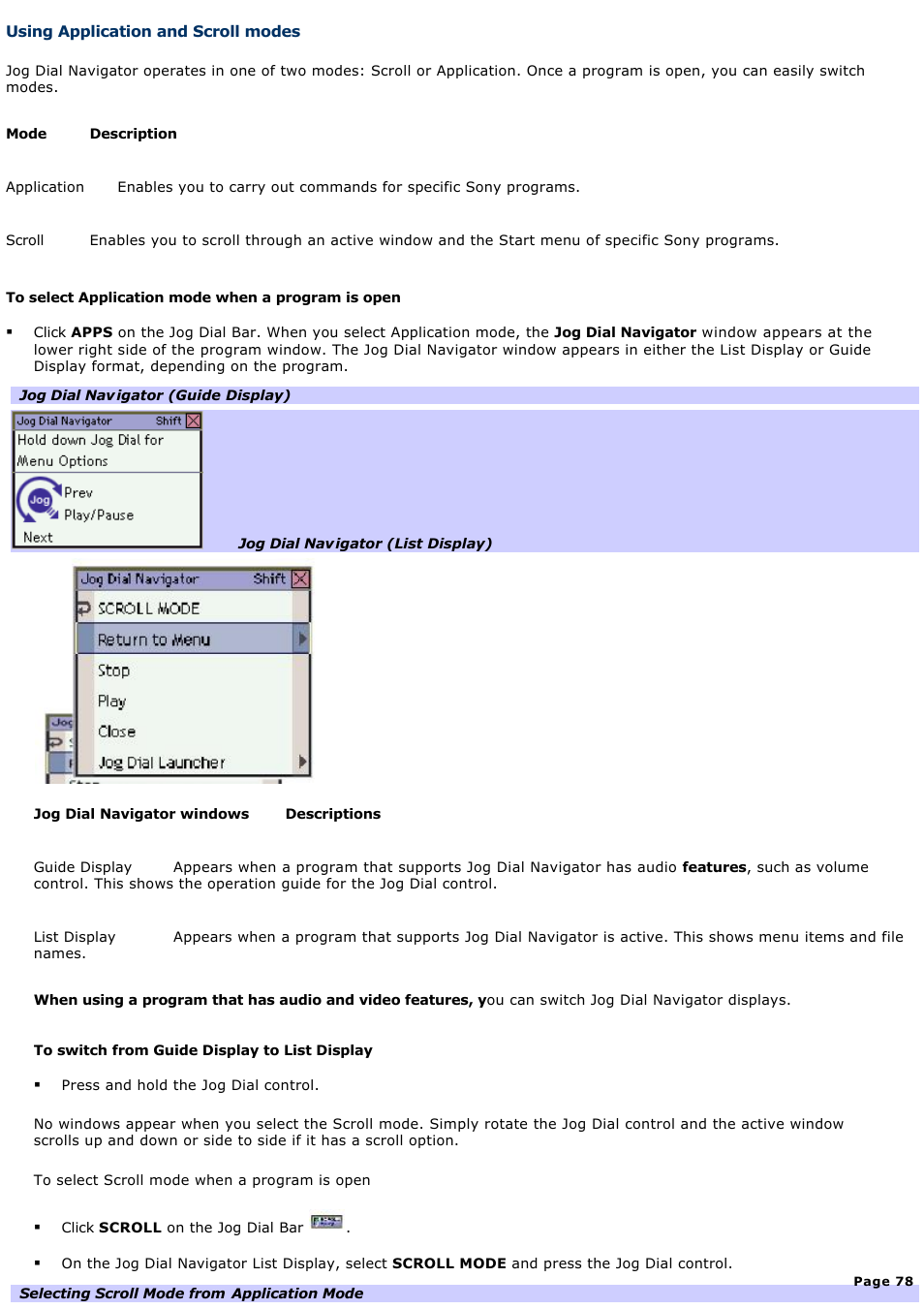 Using application and scroll modes | Sony PCG-GRX690 User Manual | Page 78 / 194