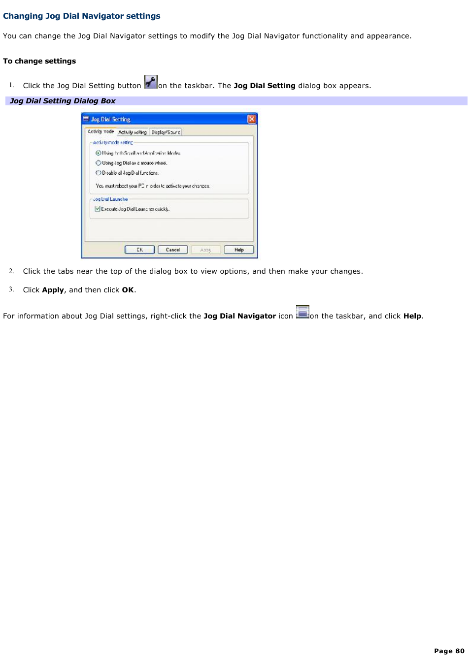 Changing jog dial navigator settings | Sony PCG-GRX690 User Manual | Page 80 / 194