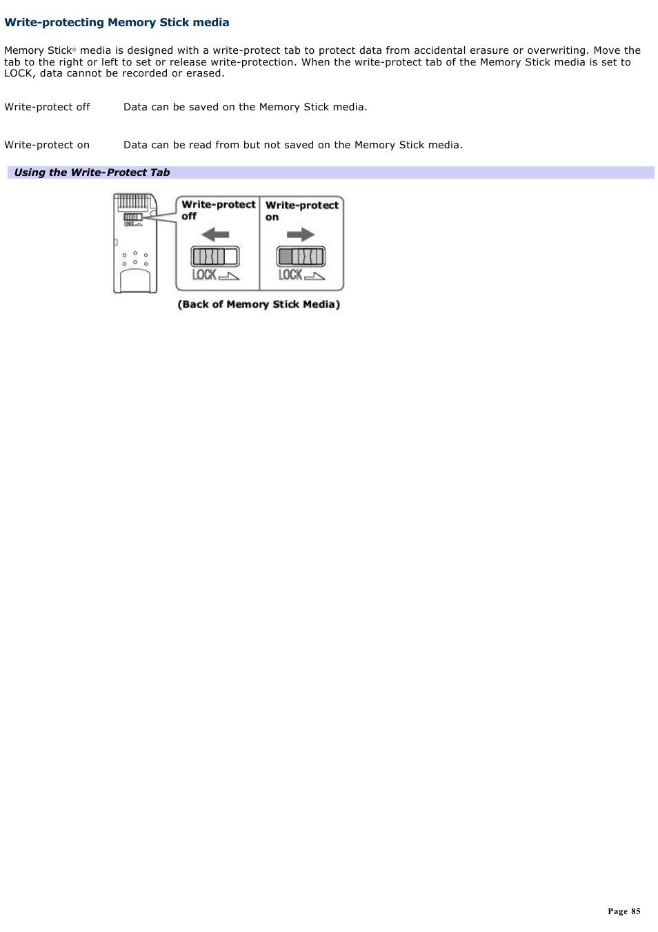 Write-protecting memory stick media | Sony PCG-GRX690 User Manual | Page 85 / 194