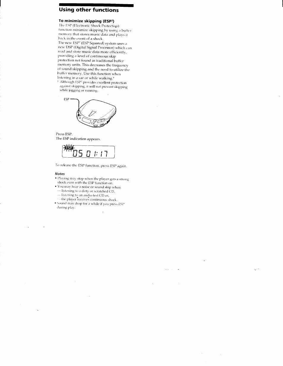 Using other functions, To minimize skipping (esp^), Notes | U d n | Sony D-E401 User Manual | Page 12 / 25