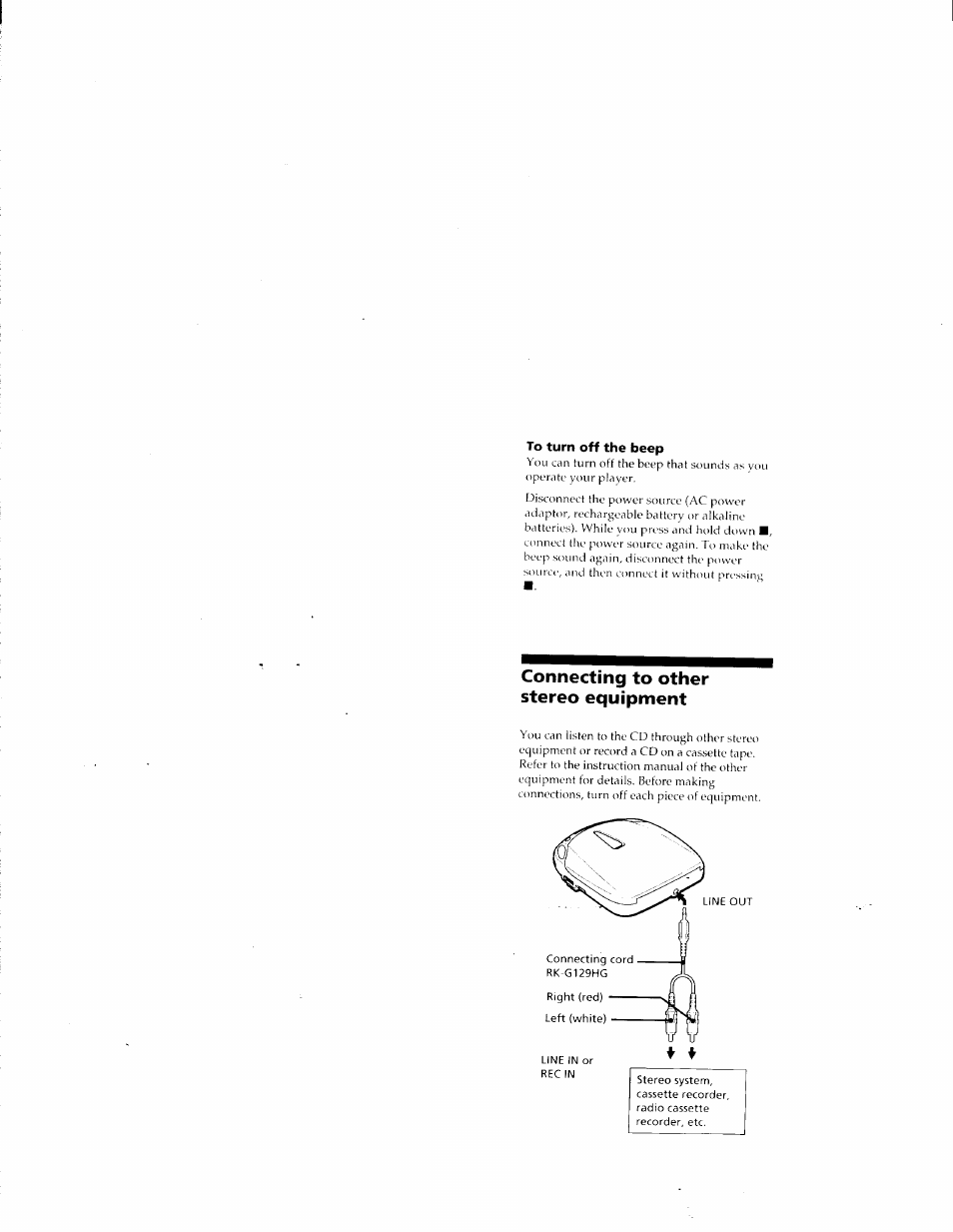 To turn off the beep, Connecting to other stereo equipment | Sony D-E401 User Manual | Page 15 / 25