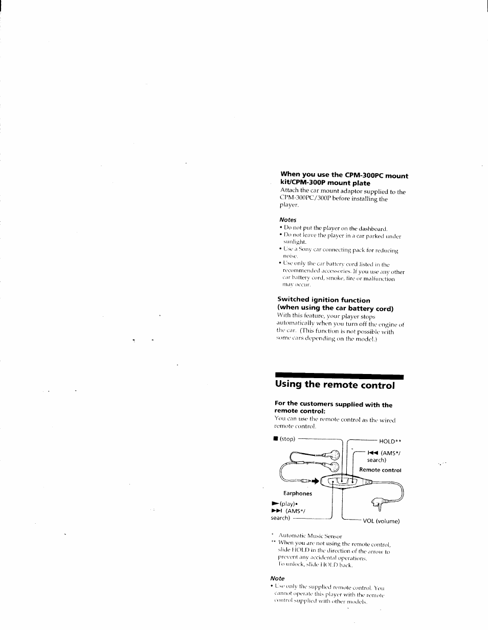 Notes, Using the remote control, For the customers supplied with the remote control | Note | Sony D-E401 User Manual | Page 17 / 25