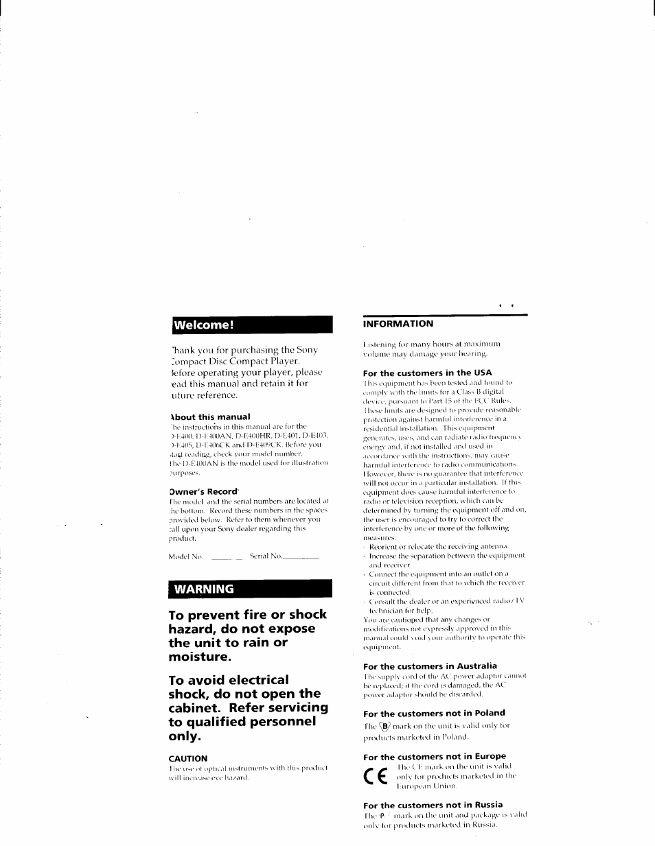 Bout this manual, Owner's record, Caution | For the customers in the usa, For the customers in australia, For the customers not in poland, For the customers not in europe, For the customers not in russia, Welcome | Sony D-E401 User Manual | Page 2 / 25