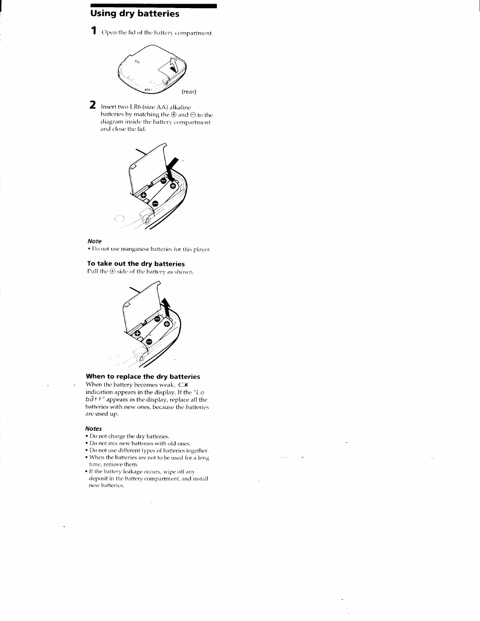 Using dry batteries, Note, To take out the dry batteries | When to replace the dry batteries, Notes | Sony D-E401 User Manual | Page 21 / 25