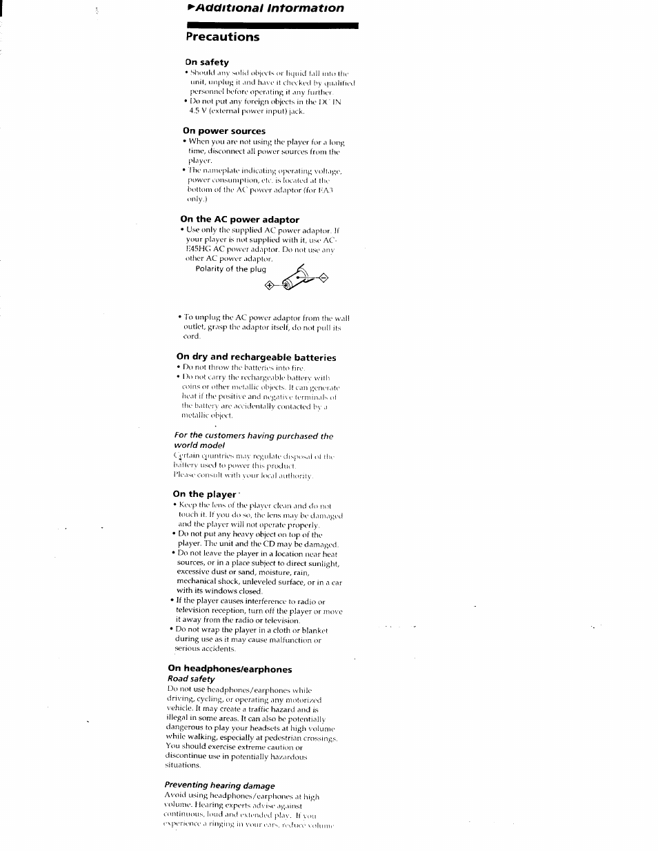 Precautions, On safety, On power sources | On the ac power adaptor, On dry and rechargeable batteries, For the customers having purchased the world model, On the player, On headphones/earphones, Road safety, Preventing hearing damage | Sony D-E401 User Manual | Page 22 / 25