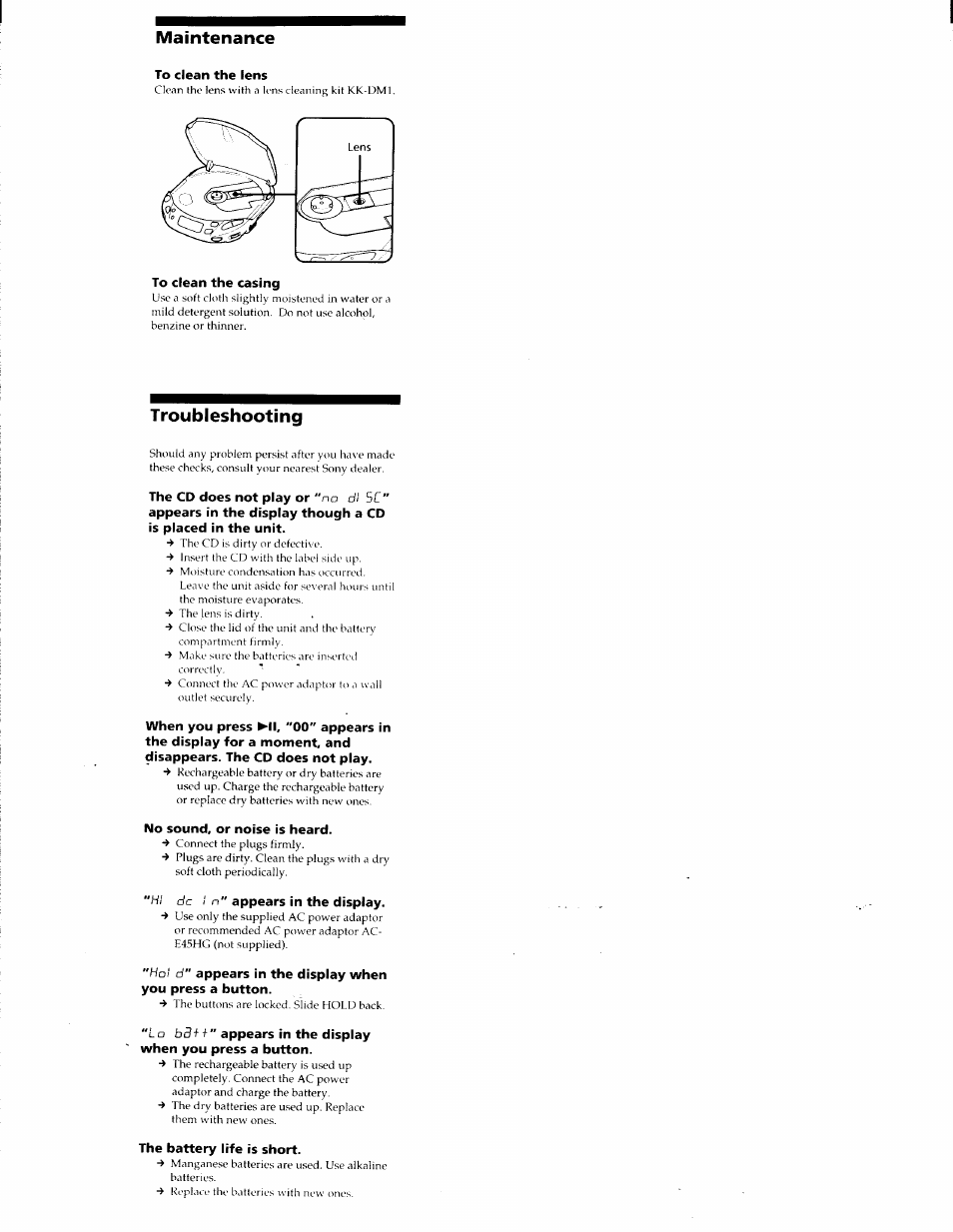 Maintenance, Troubleshooting | Sony D-E401 User Manual | Page 23 / 25