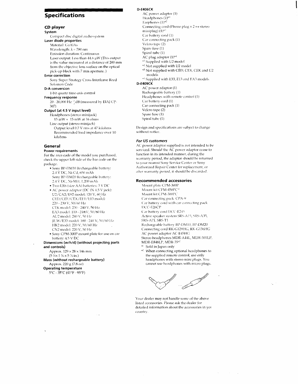 Specifications, Cd player, General | For us customers, Recommended accessories | Sony D-E401 User Manual | Page 25 / 25