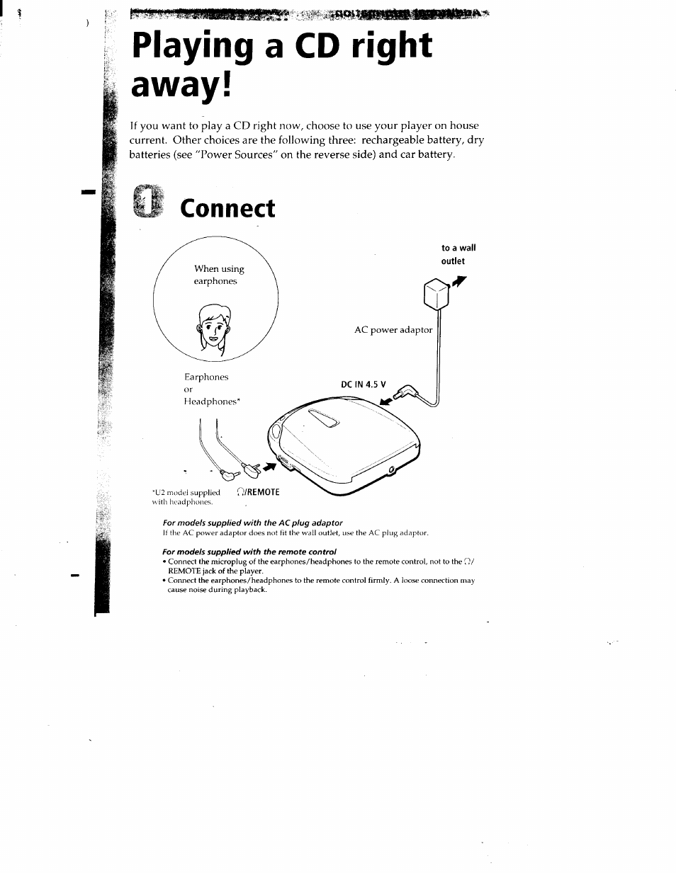 Playing a cd right away, Connect, For models supplied with the remote control | Sony D-E401 User Manual | Page 3 / 25