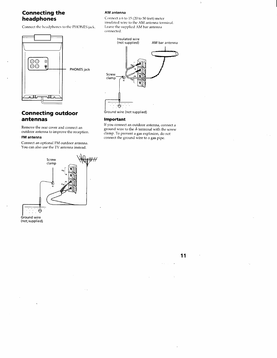 Connecting the headphones, Connecting outdoor antennas, Important | Sony CMT-ED1 User Manual | Page 11 / 35