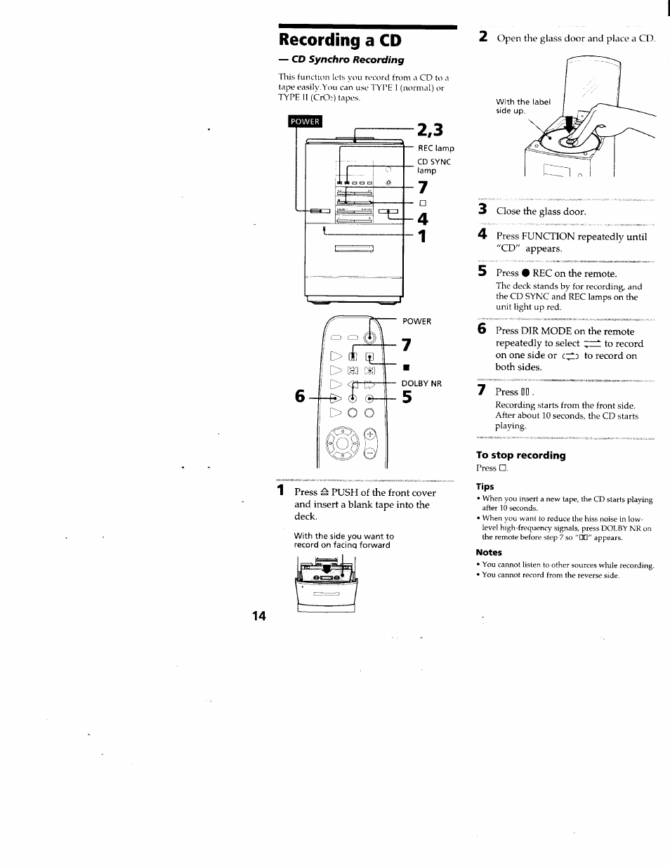 Recording a cd, To stop recording, Tips | Notes | Sony CMT-ED1 User Manual | Page 14 / 35