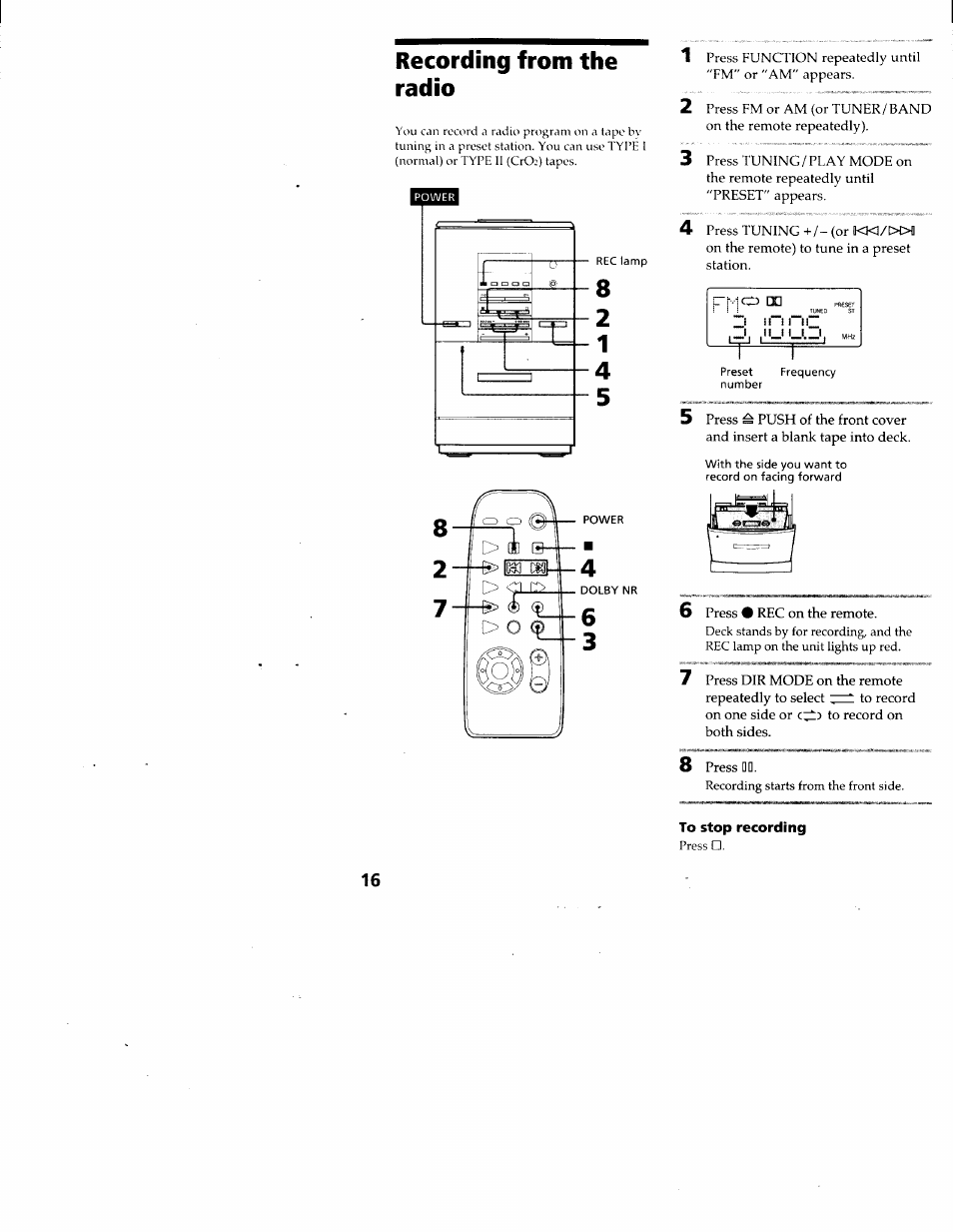 Recording from the radio, To stop recording | Sony CMT-ED1 User Manual | Page 16 / 35