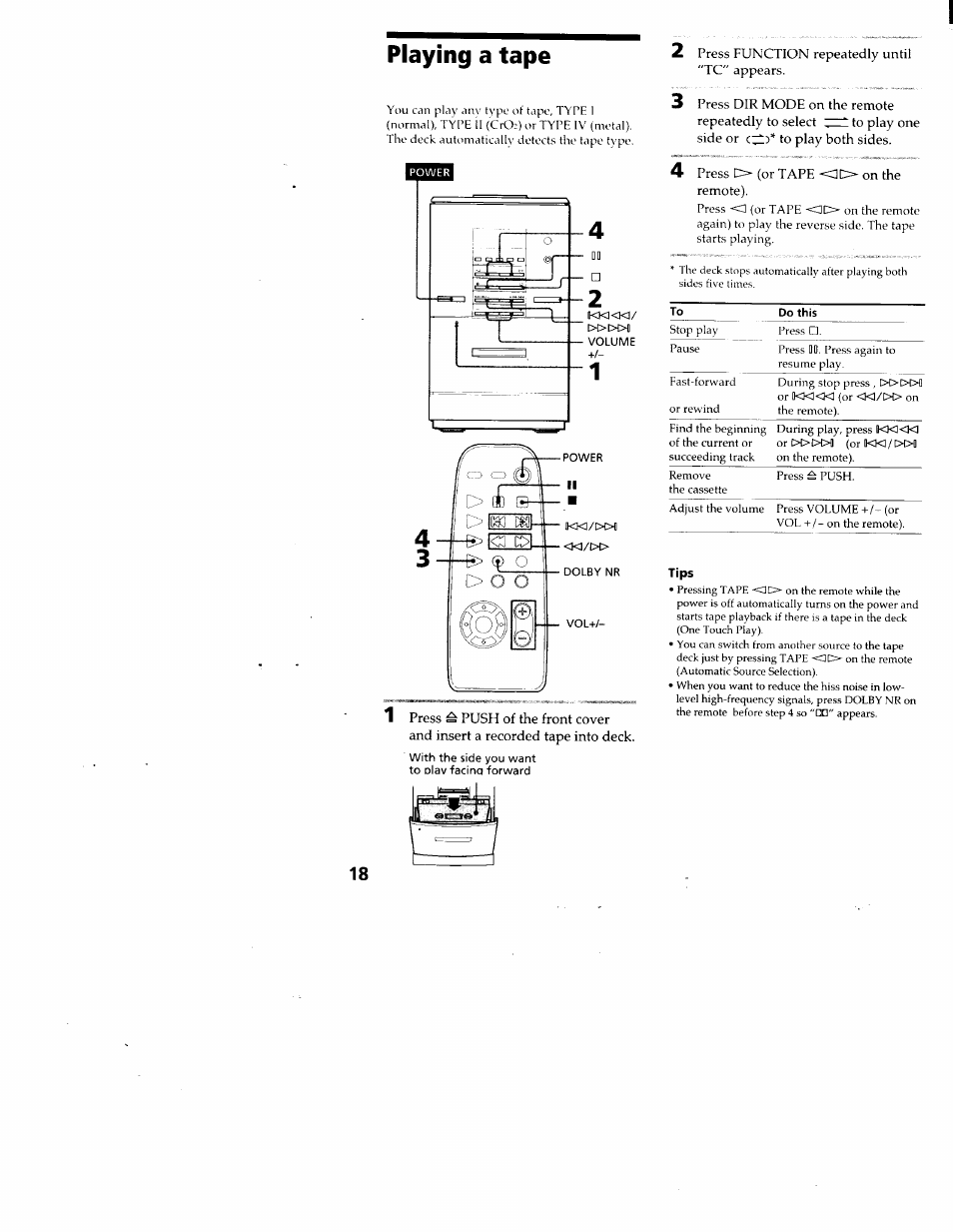 Playing a tape | Sony CMT-ED1 User Manual | Page 18 / 35