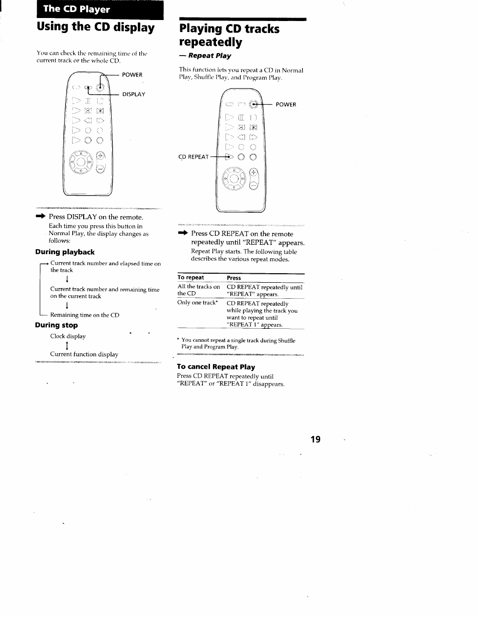 The cd player, Using the cd display, Playing cd tracks repeatedly | To cancel repeat play, Using the cd display playing cd tracks repeatedly | Sony CMT-ED1 User Manual | Page 19 / 35