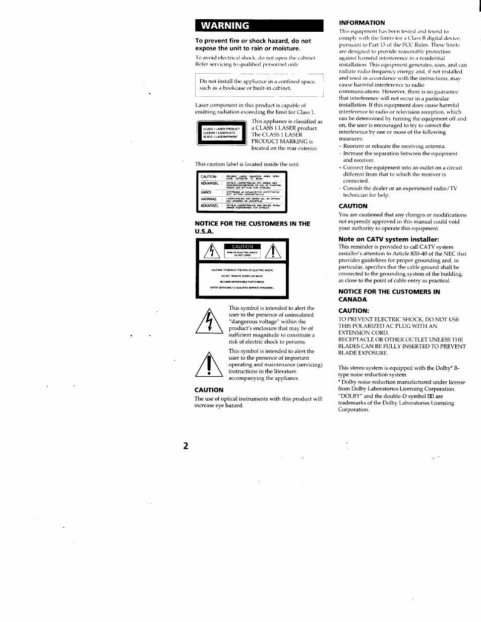 Warning | Sony CMT-ED1 User Manual | Page 2 / 35