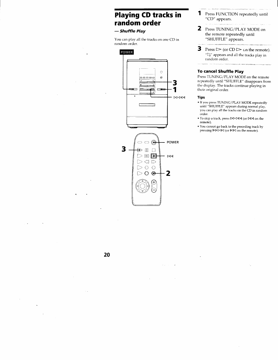 Playing cd tracks in random order, To cancel shuffle play | Sony CMT-ED1 User Manual | Page 20 / 35