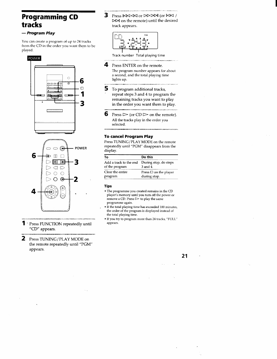 Programming cd tracks, To cancel program play | Sony CMT-ED1 User Manual | Page 21 / 35