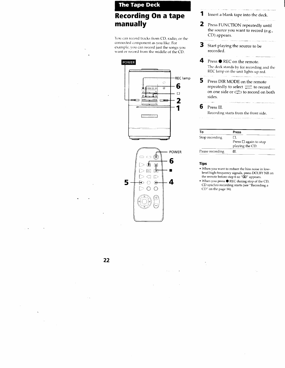 The tape deck, Recording on a tape manually | Sony CMT-ED1 User Manual | Page 22 / 35