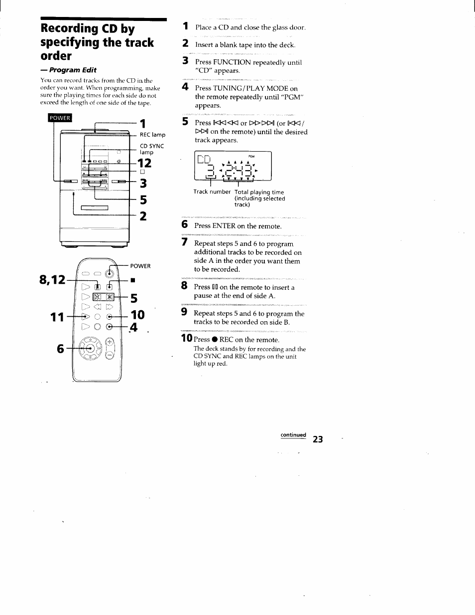 Recording cd by specifying the track order, Recording cd by specifying the track, Order | Sony CMT-ED1 User Manual | Page 23 / 35