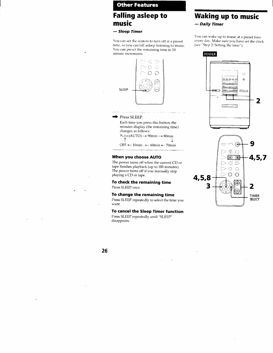 Other features, Falling asleep to music, Waking up to music | When you choose auto, Falling asleep to music waking up to music | Sony CMT-ED1 User Manual | Page 26 / 35