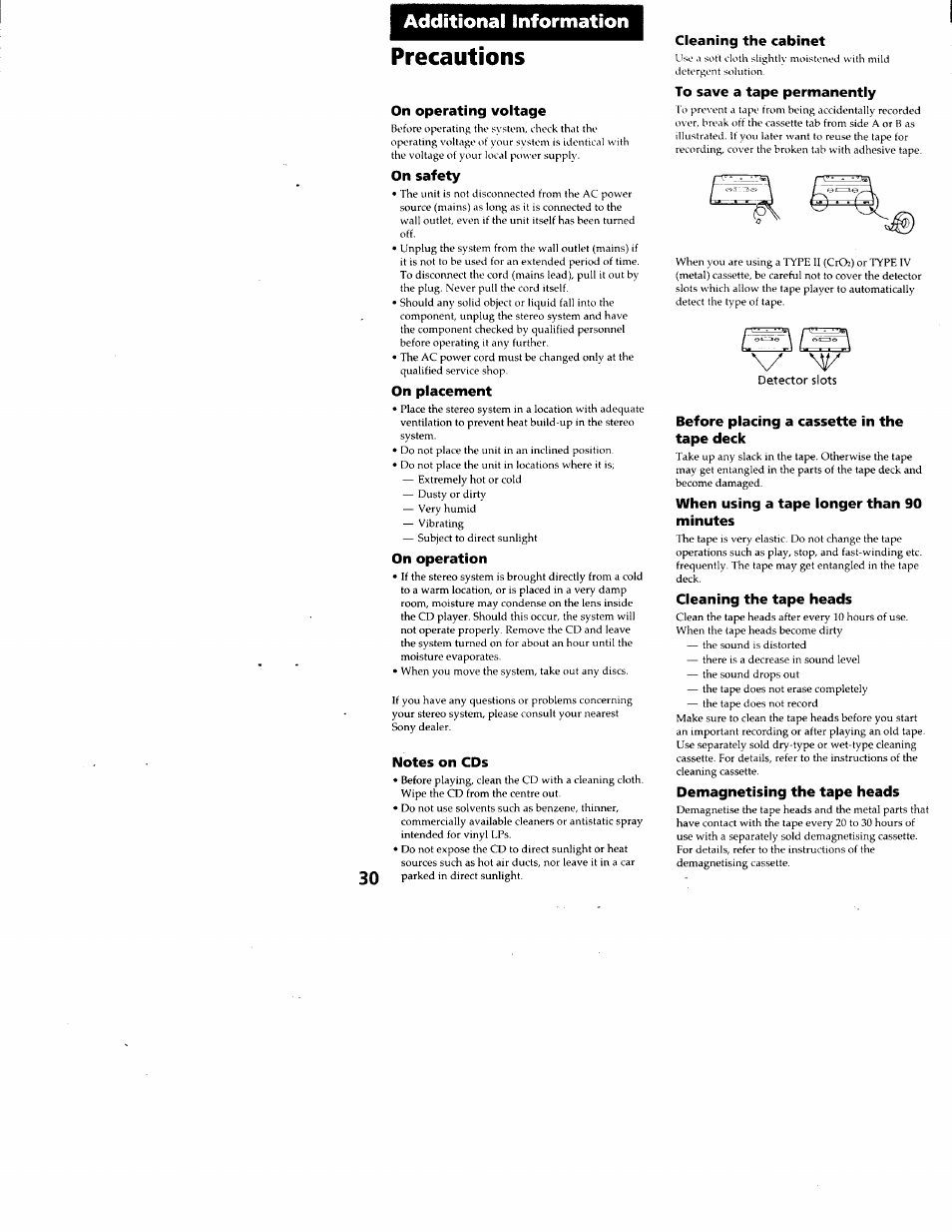 Additional information, Precautions, On operating voltage | Notes on cds, Before placing a cassette in the tape deck, 30 additional information | Sony CMT-ED1 User Manual | Page 30 / 35