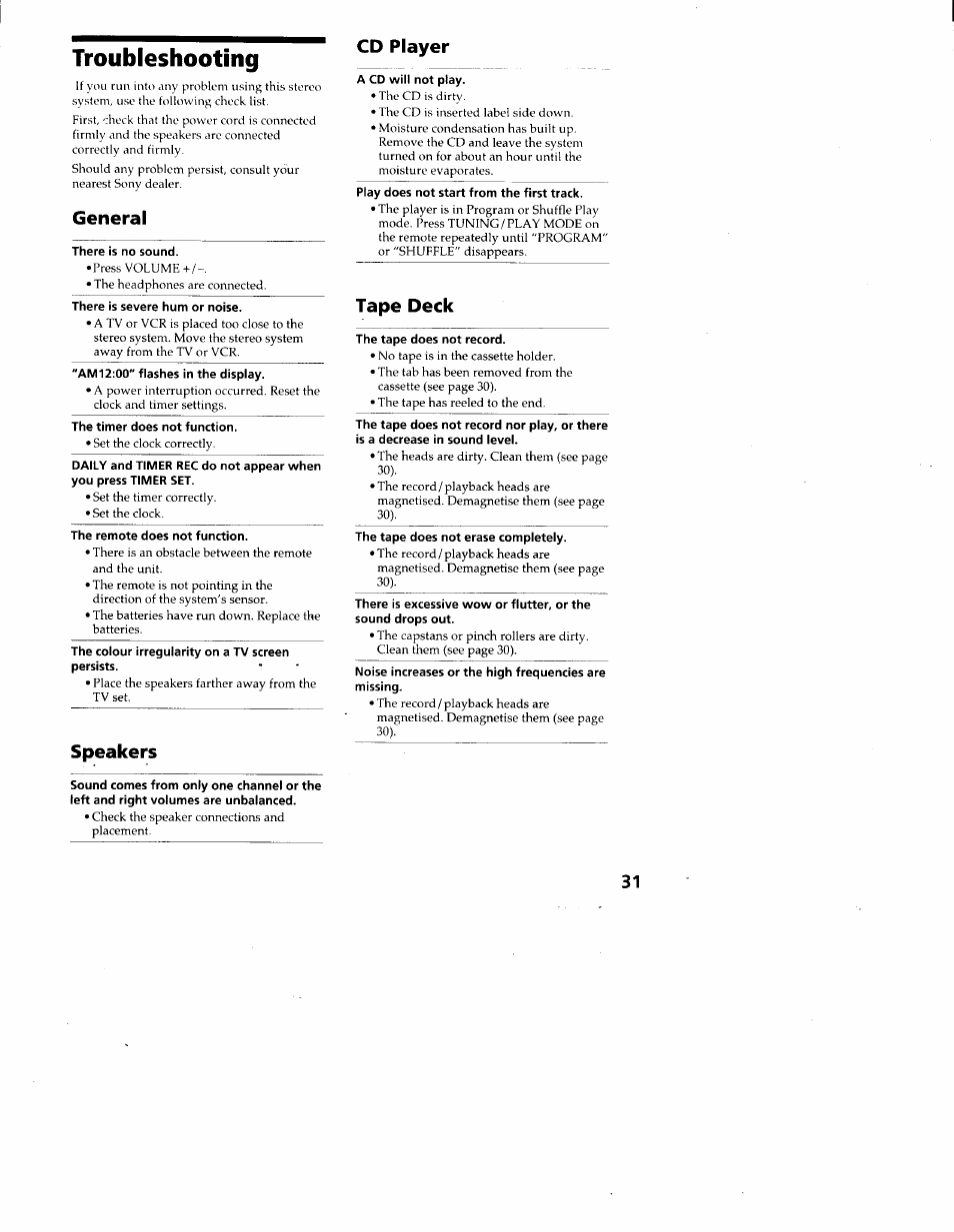 Troubleshooting, General, Cd player | Speakers, Tape deck, Cd player speakers | Sony CMT-ED1 User Manual | Page 31 / 35