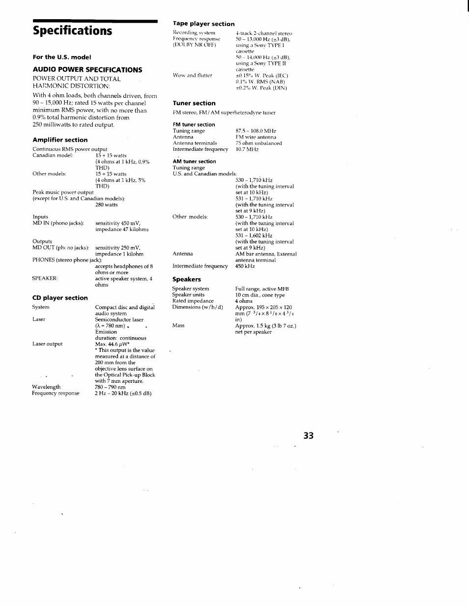 Specifications, Audio power specifications | Sony CMT-ED1 User Manual | Page 33 / 35