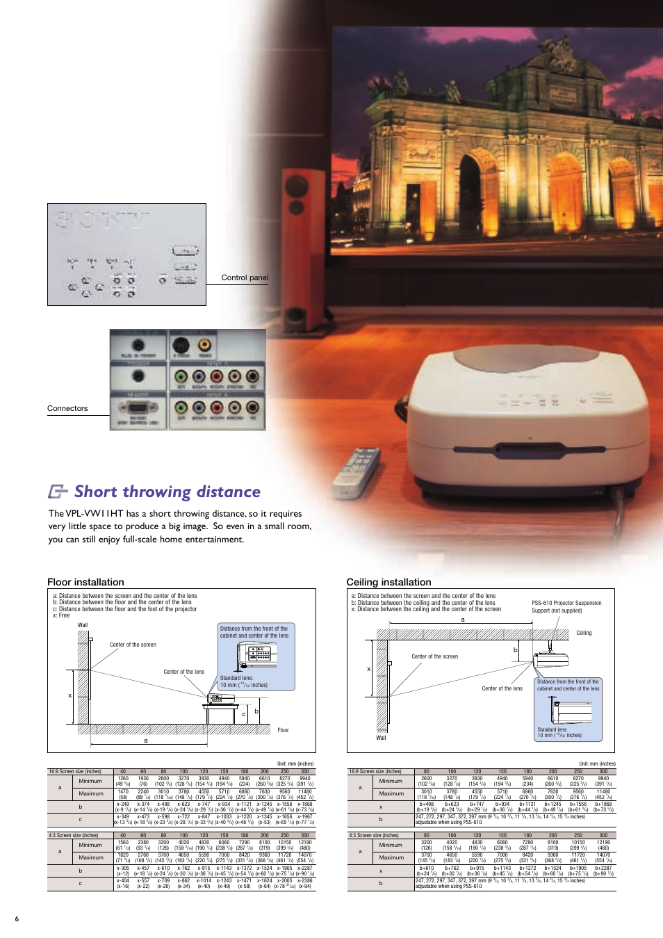 Short throwing distance, Floor installation ceiling installation, Control panel connectors | Sony VPL-VW11HT User Manual | Page 6 / 8