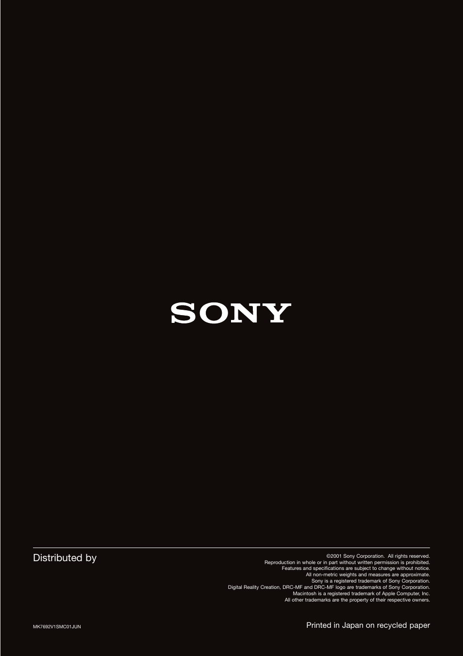 Distributed by, Printed in japan on recycled paper | Sony VPL-VW11HT User Manual | Page 8 / 8