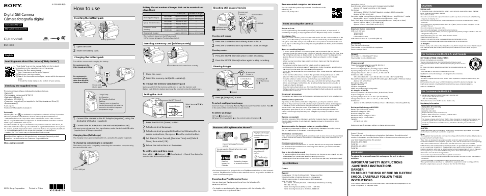 Sony DSC-H400 User Manual | 2 pages