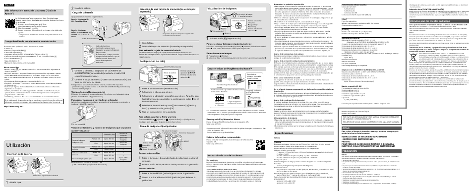 Utilización, Comprobación de los elementos suministrados, Carga de la batería | Configuración del reloj, Toma de imágenes fijas/películas, Notas sobre la uso de la cámara, Especificaciones, Aviso, Precaución, Atención para los clientes en europa | Sony DSC-H400 User Manual | Page 2 / 2